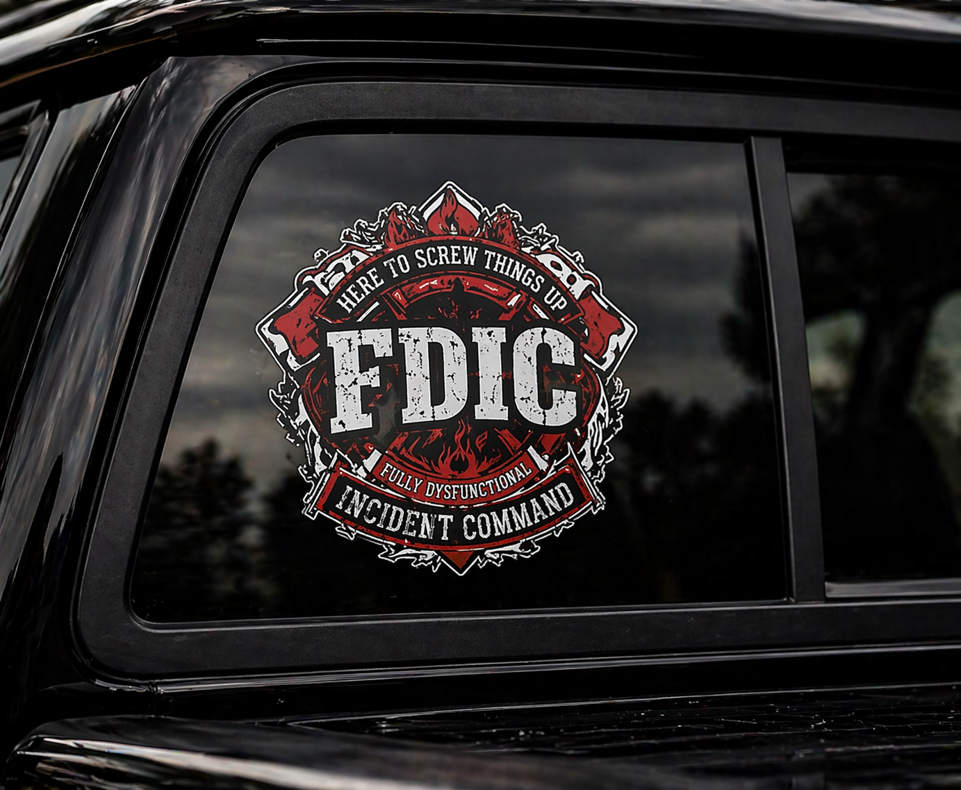Window of a vehicle with a 'FDIC' sticker on a dark background