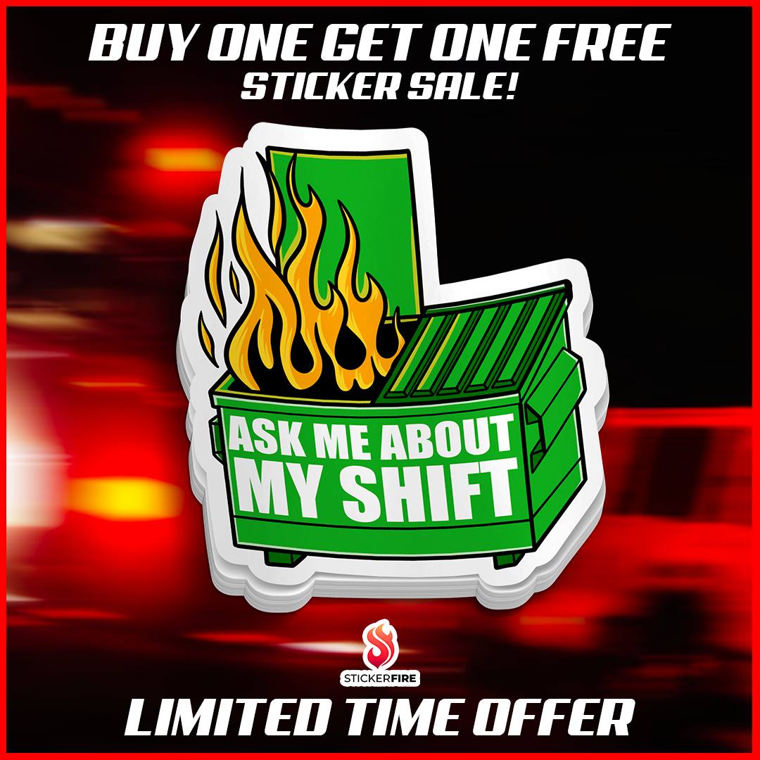 Sticker with flames and text 'Ask me about my shift' on a dark background with promotional text.
