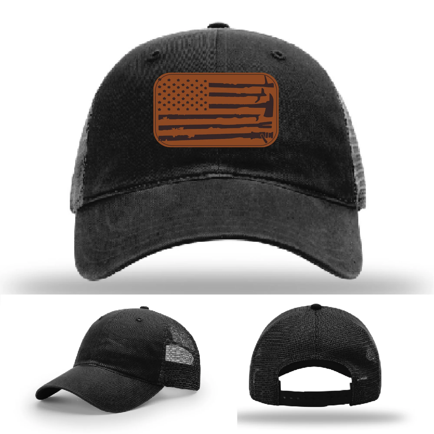 Fire Tools Flag Hat | Leather Patch Firefighter Design