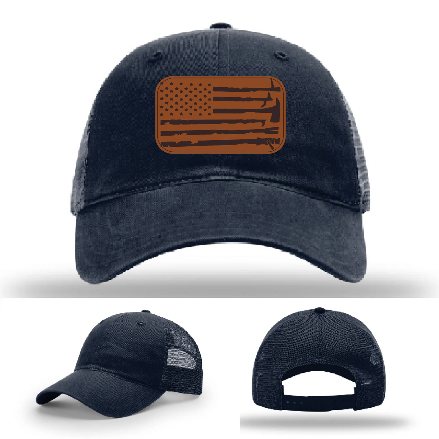 Fire Tools Flag Hat | Leather Patch Firefighter Design