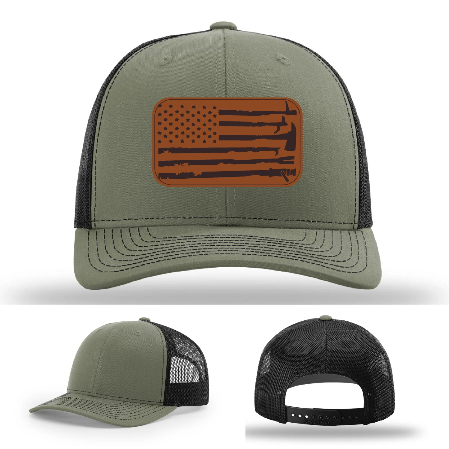 Fire Tools Flag Hat | Leather Patch Firefighter Design