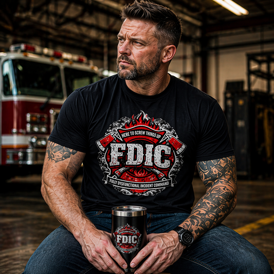 Man wearing an 'FDIC' t-shirt holding a matching mug in a fire station.