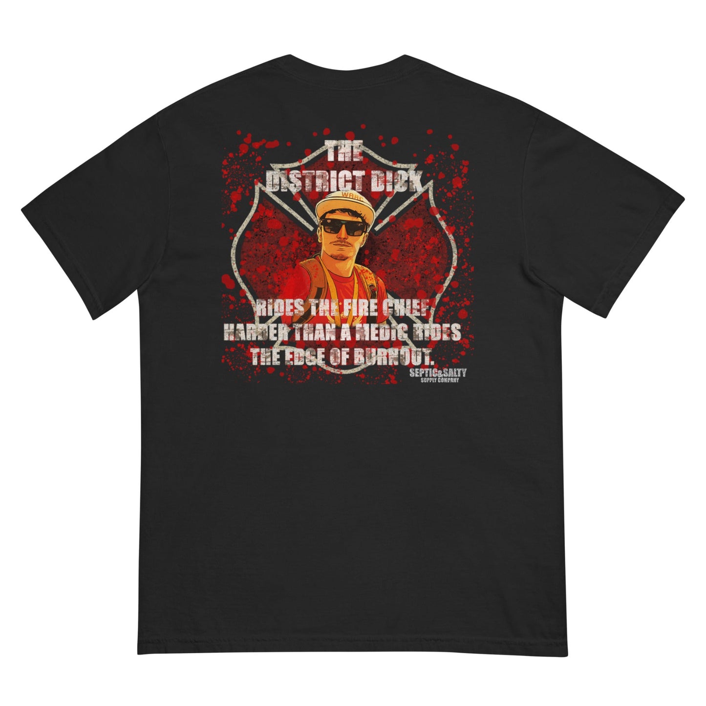 The District Dick graphic tee – firefighter lifestyle apparel with bold parody design.