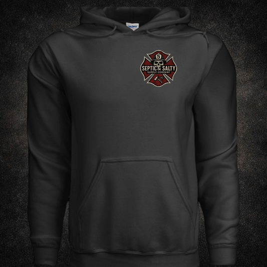 Front view of the "Firehouse Fistfights" black hoodie with left chest Septic & Salty Supply Co. Maltese cross logo featuring a skull in a firefighter helmet — Gildan Heavy Blend firefighter apparel.