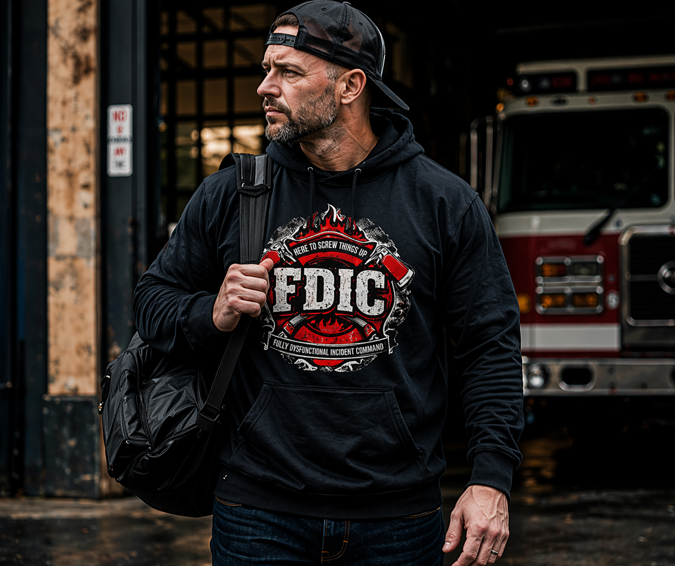 Man wearing a black hoodie with 'EDIC' logo, holding a backpack, in front of a fire truck.