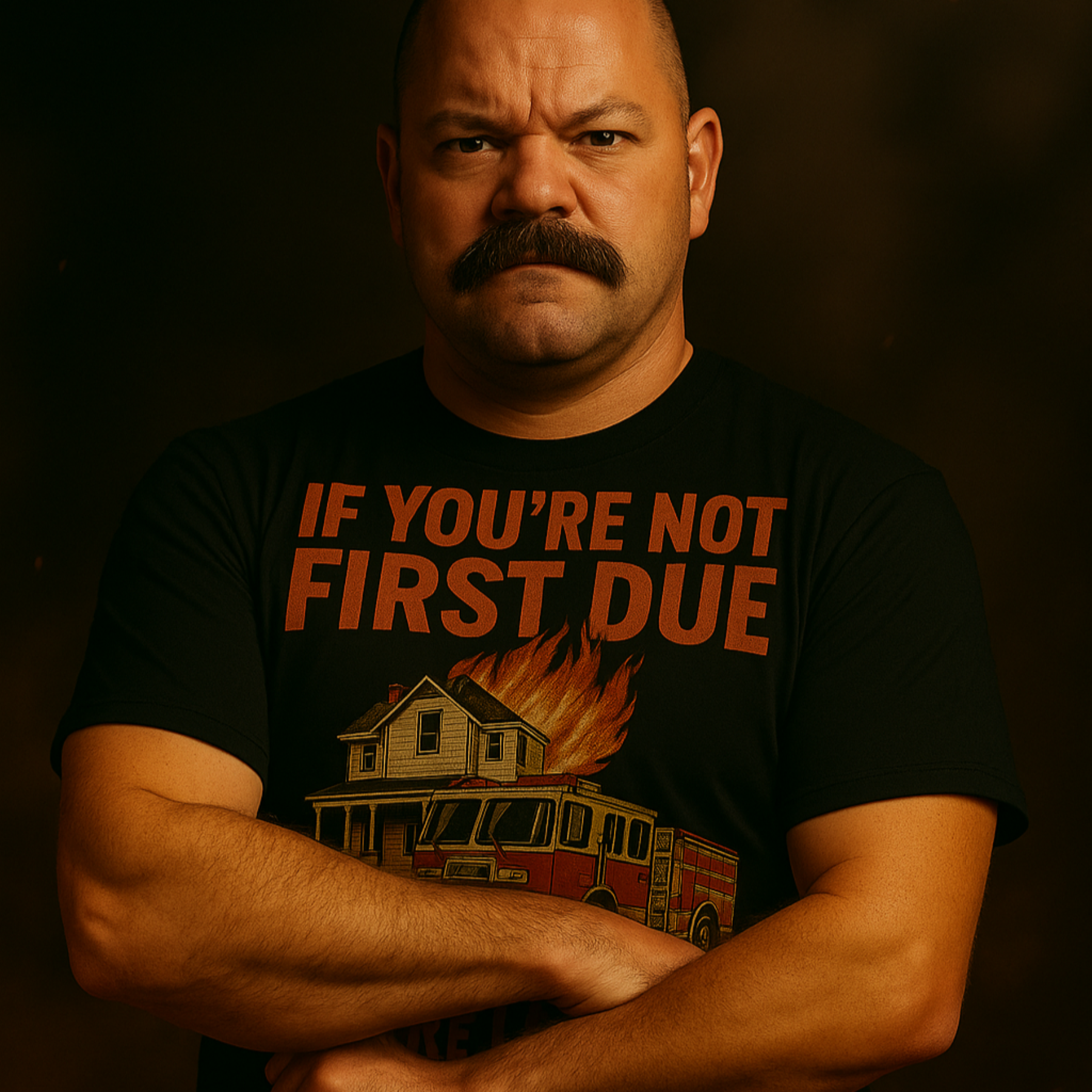 Vintage firefighter humor t-shirt – First Due or Forgotten dark comedy apparel for turnout pride and station banter.