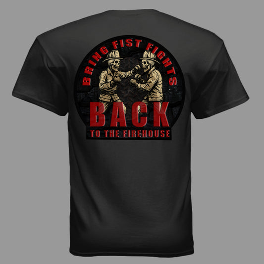 Black firefighter t-shirt with bold red Maltese cross and gloves graphic, reading ‘Bring Fist Fights Back To The Firehouse’ in distressed lettering