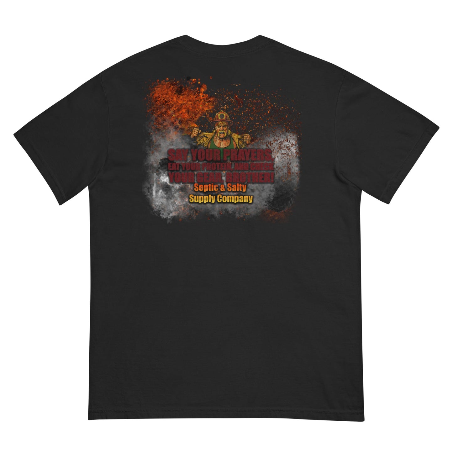 Septic & Salty Sepsis-A-Mania firefighter shirt with bold wrestling-inspired back print and dark humor firehouse apparel style.