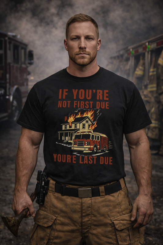 Firefighter wearing the "First Due or Forgotten" black tee, lifestyle shot showing back graphic in a firehouse setting.