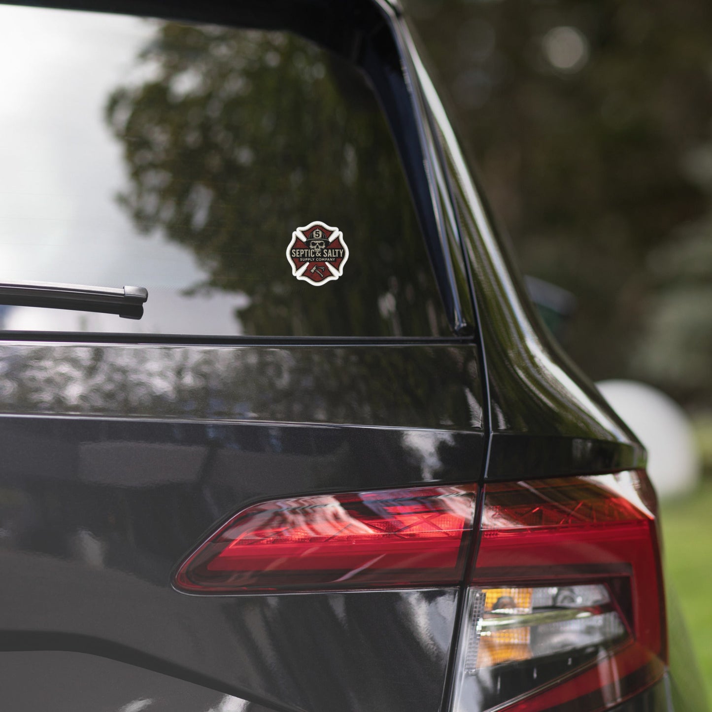 Septic & Salty Maltese Skull die-cut sticker, waterproof firefighter morale decal with gritty design.