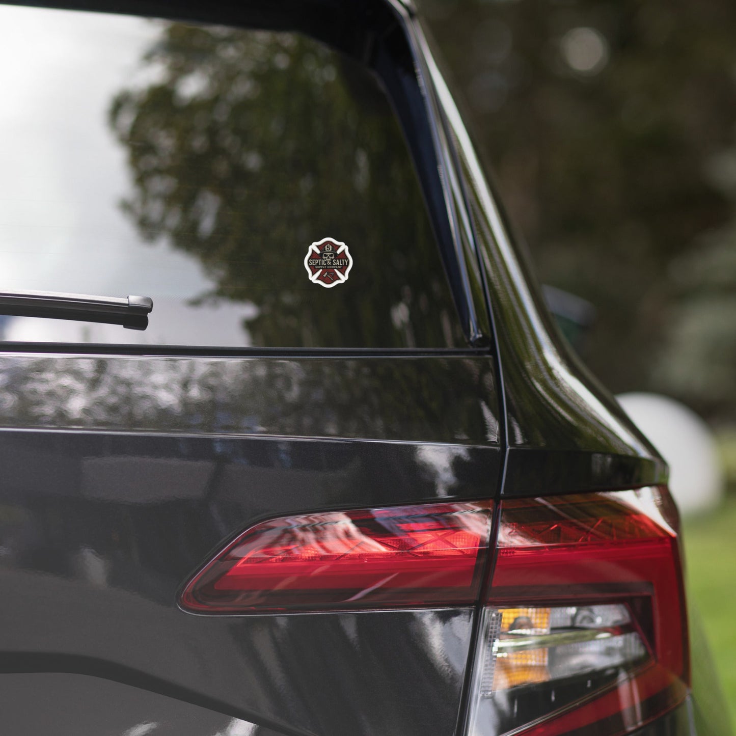 Firefighter vinyl decal – Septic & Salty Maltese Skull sticker in red, white, and black die-cut style.
