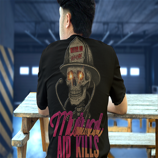 Firefighter dark humor graphic featuring a skull in a traditional fire helmet labeled ‘Mutual Aid Whore,’ glowing eyes, stethoscope, and bold distressed lettering reading ‘Mutual Aid Kills’ in red and orange gradient.