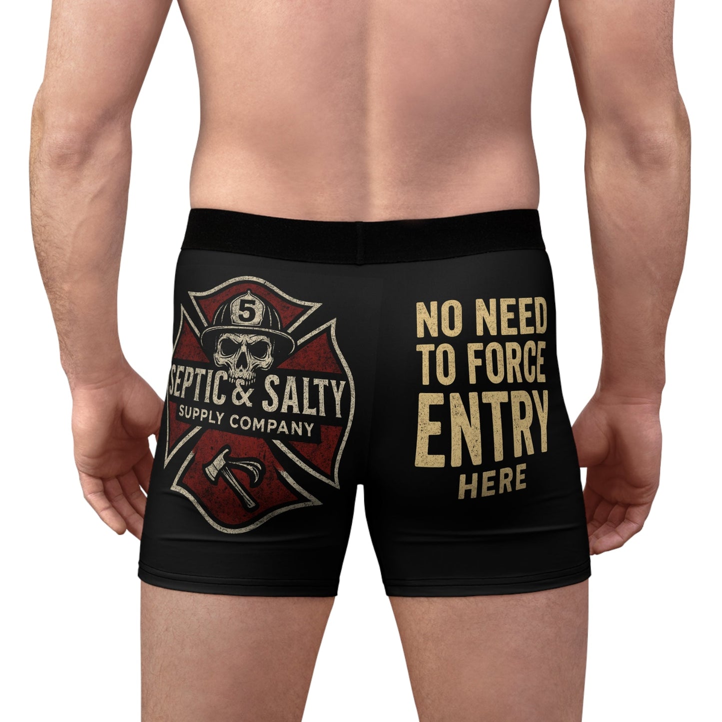 Close-up rear view of the Skid Mark 5000 tactical boxer briefs showing full graphic detail — firefighter humor underwear by Septic & Salty Supply Co.