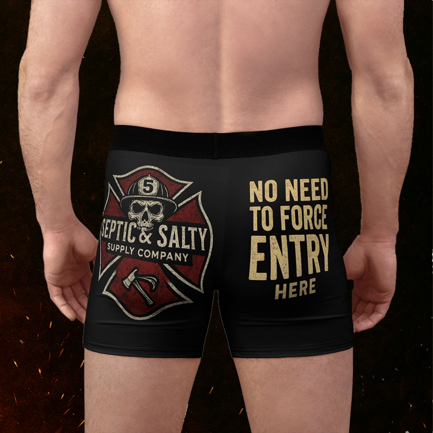 Skid Mark 5000 firefighter humor underwear – tactical drawers built for DEFCON 1 situations with dark comedy design.