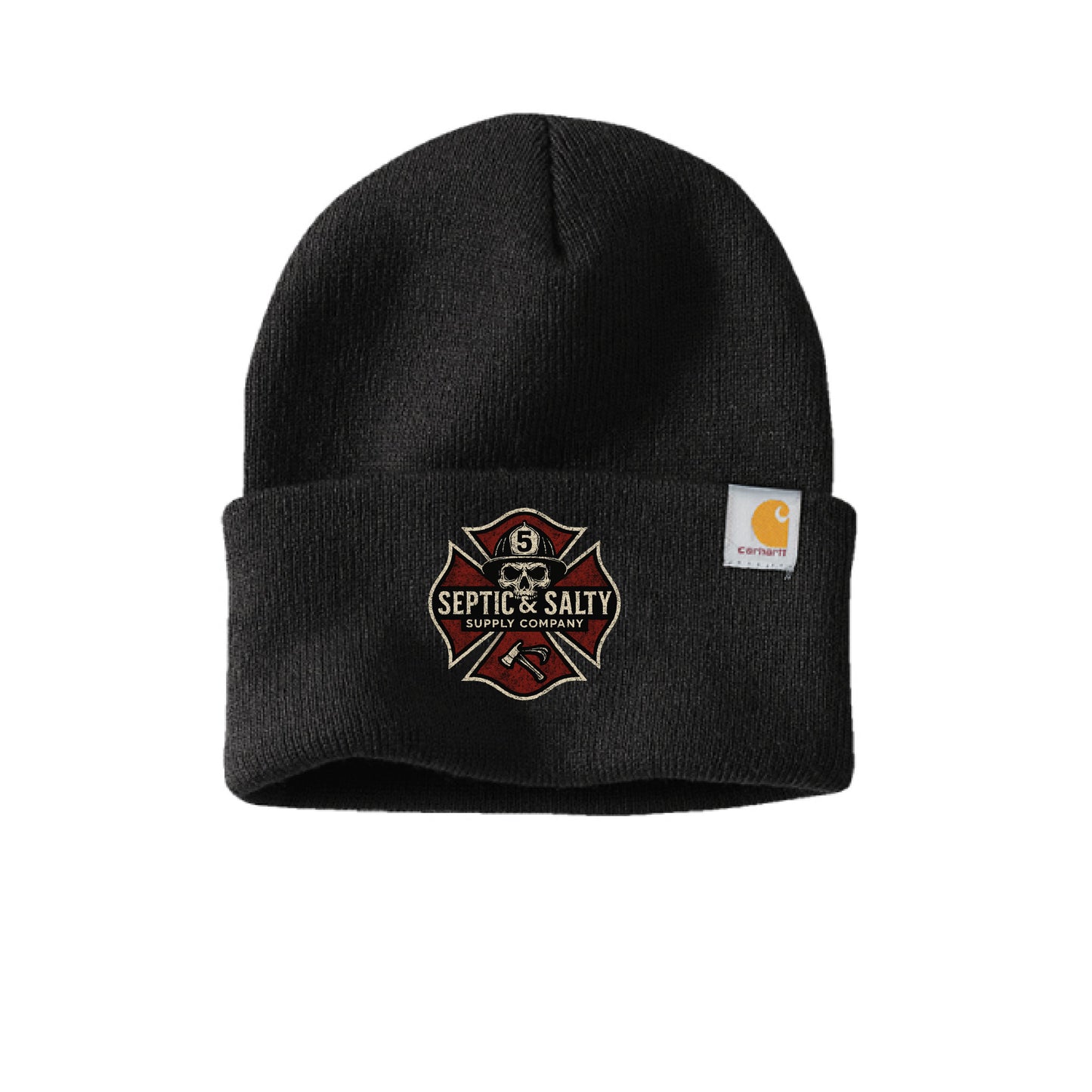 Black Carhartt beanie featuring embroidered Septic & Salty Supply Co. Maltese cross logo, representing firefighter humor and burnout apparel.