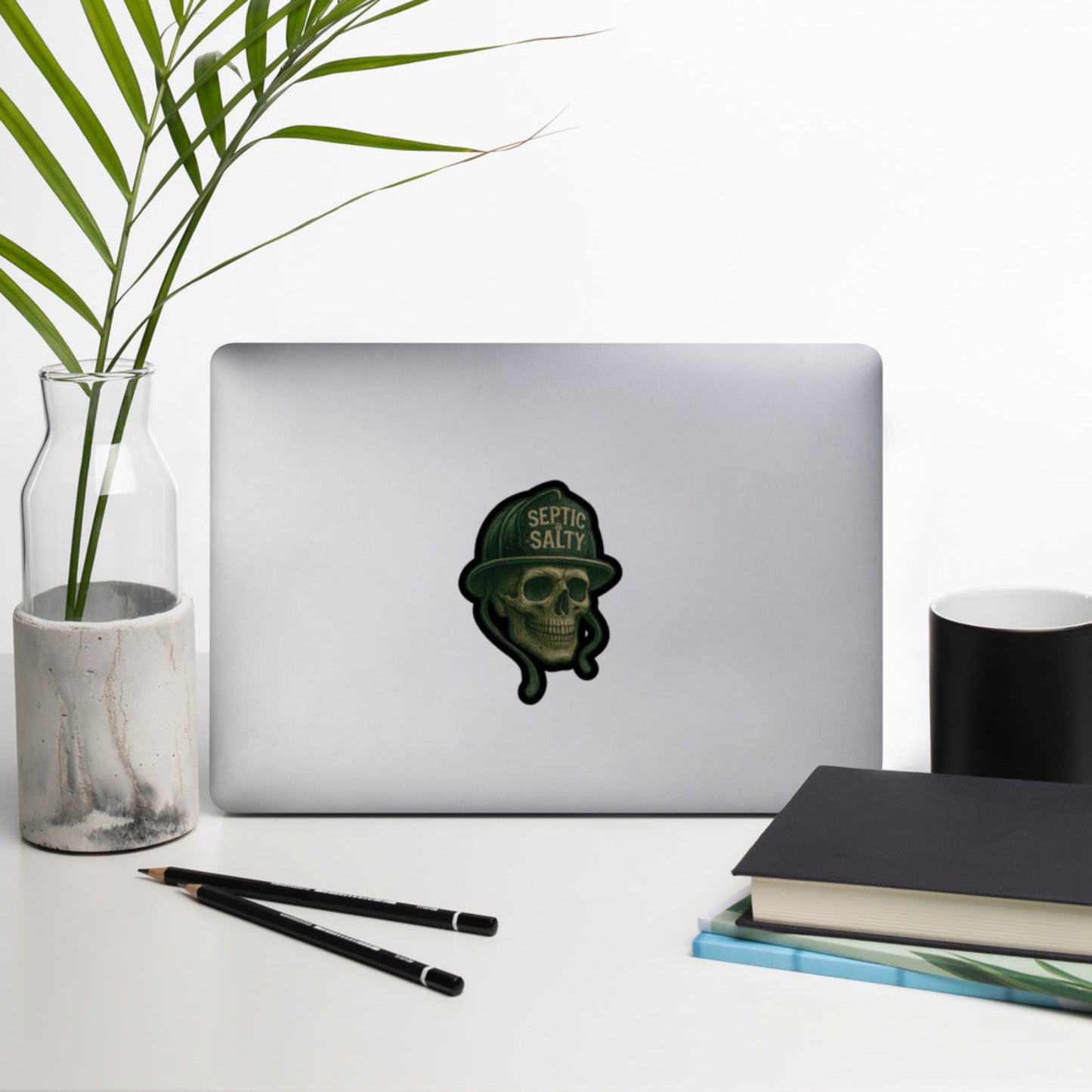 Firefighter morale decal – Septic & Salty embroidered-style skull sticker built for helmets, toolboxes, and gear.