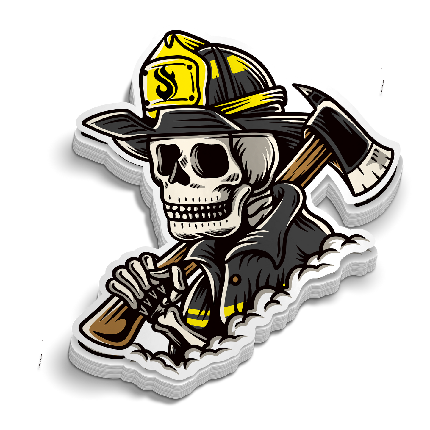 Goon Squad Axe Man die-cut firefighter skull axe helmet sticker, weatherproof vinyl, 3 inch