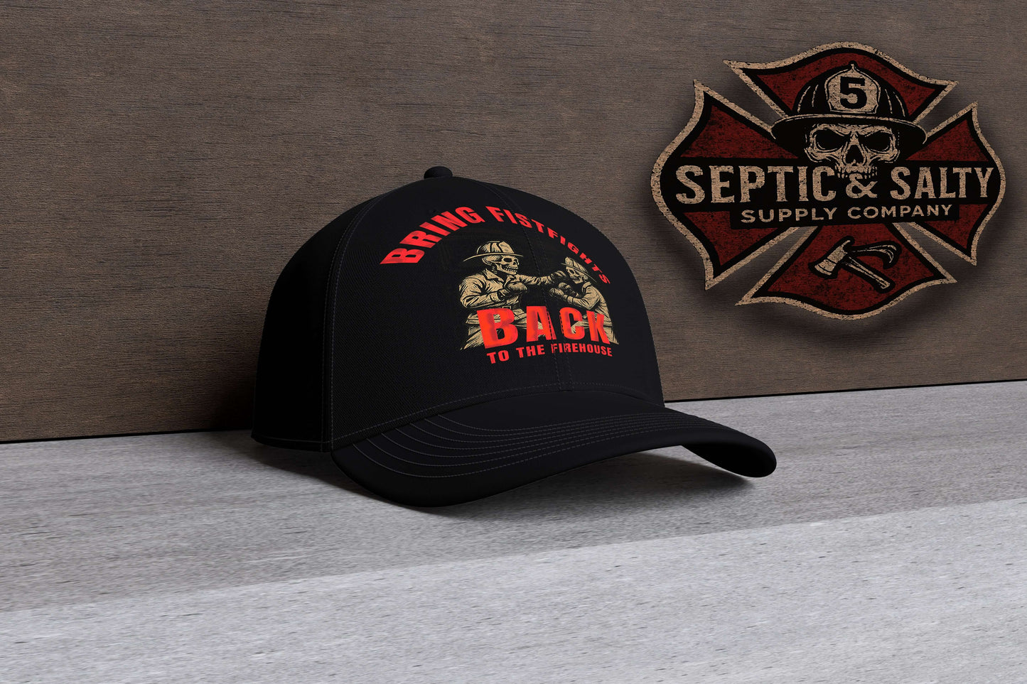 Firehouse Fist Fights Cap – Firehouse Humor for Firefighters displayed on a black cap with humorous graphics.