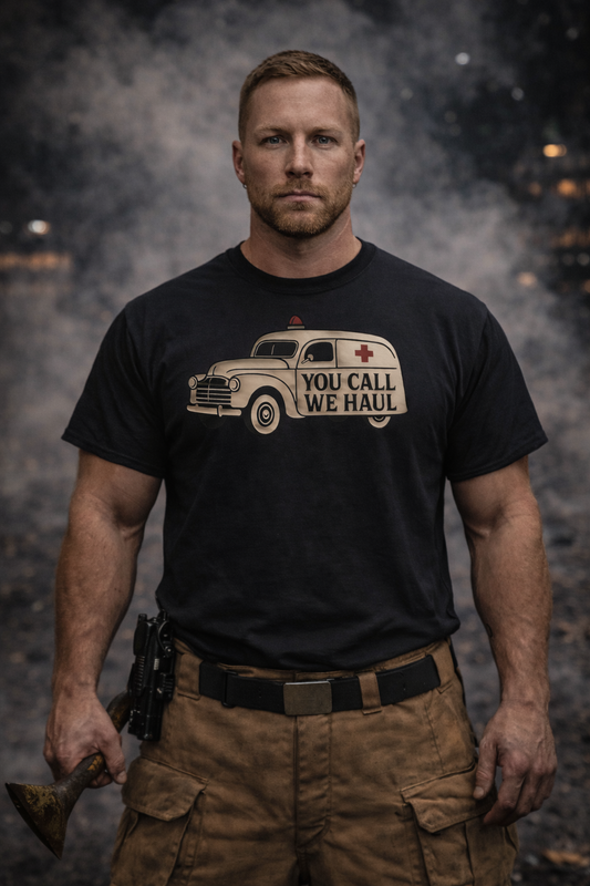 Firehouse Humor tee shirt featuring 'You Call We Haul' design worn by a strong firefighter.