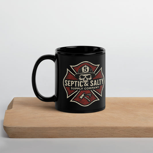 Black mug with 'Septic & Salty Supply Company' logo on a wooden surface