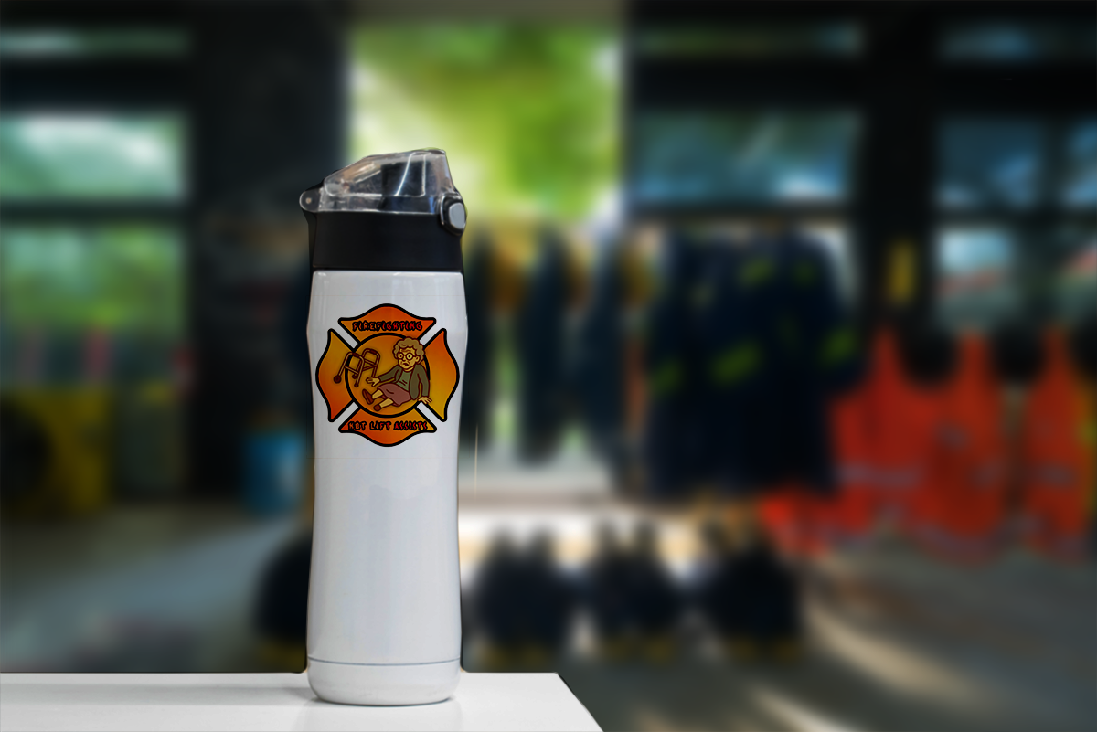 White tumbler with a logo on a blurred background