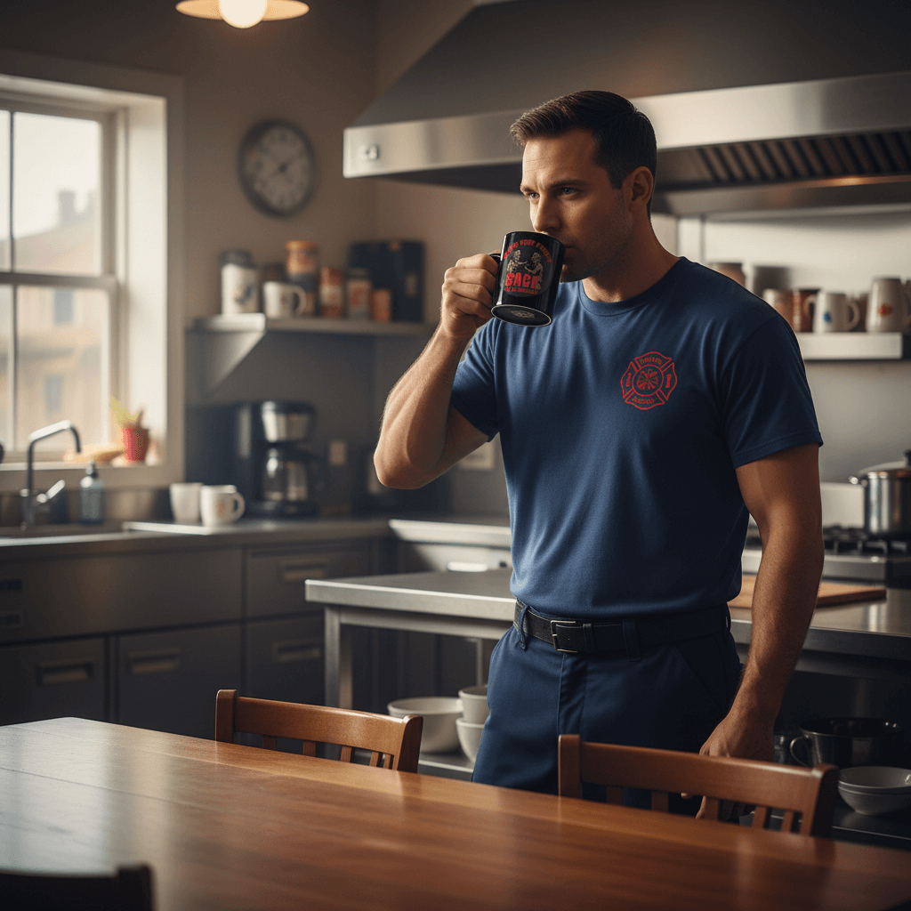 Firefighter holding the Firehouse Fistfights coffee mug in a firehouse kitchen — black glossy ceramic with skeleton boxer graphic — Septic & Salty Supply Co. drinkware.