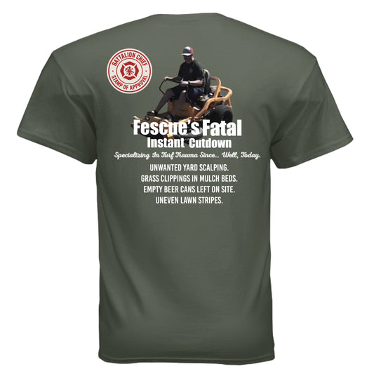 Sarcastic firefighter shirt featuring chaos lawn care design Battalion Chief approved