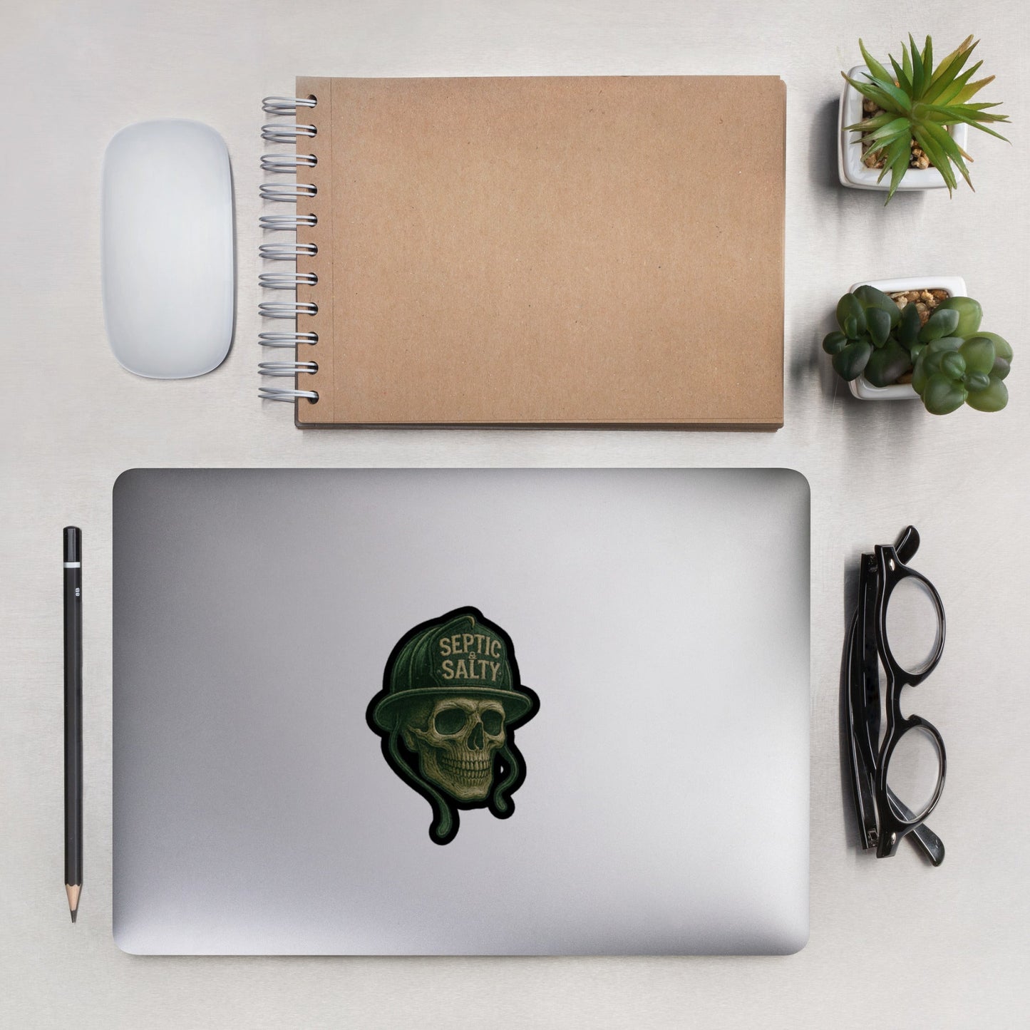 Firefighter die-cut vinyl decal – Septic & Salty skull-in-helmet sticker with embroidered patch style.