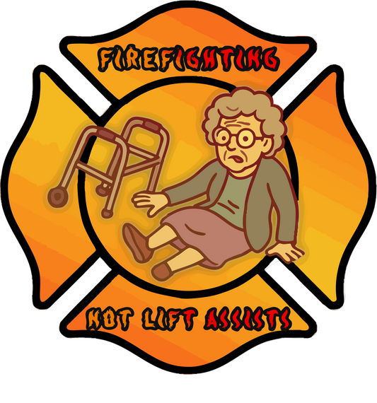 Illustration of a firefighter emblem with a person using a walker and text 'Firefighting Not Lift Assists'.