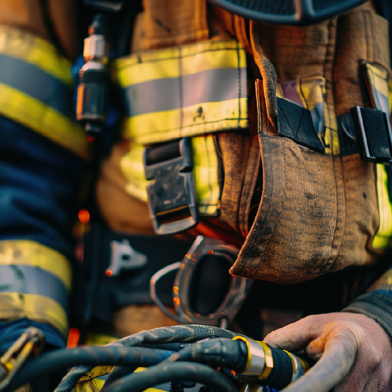 Septic & Salty firefighter gear close-up – turnout gear, gloves, and hose with smoke-stained details.