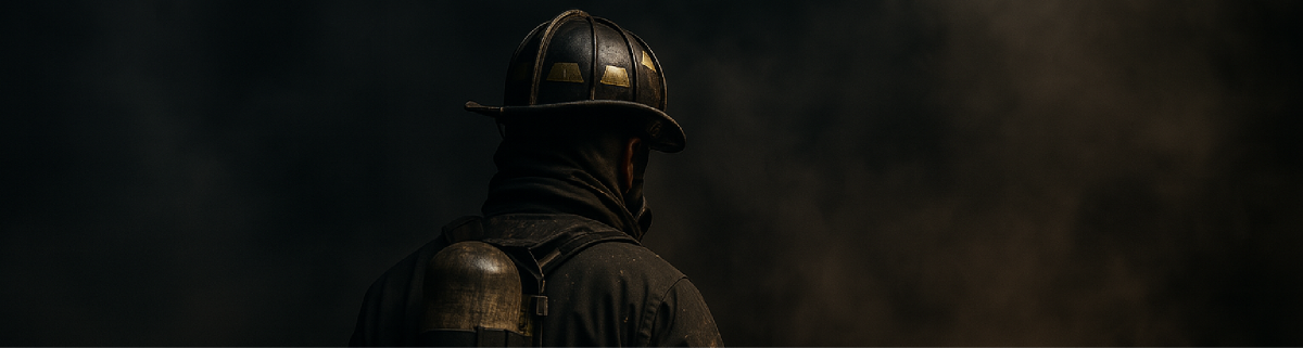 Septic & Salty Supply Co. lifestyle shot of firefighter in helmet and SCBA with smoky fireground backdrop.
