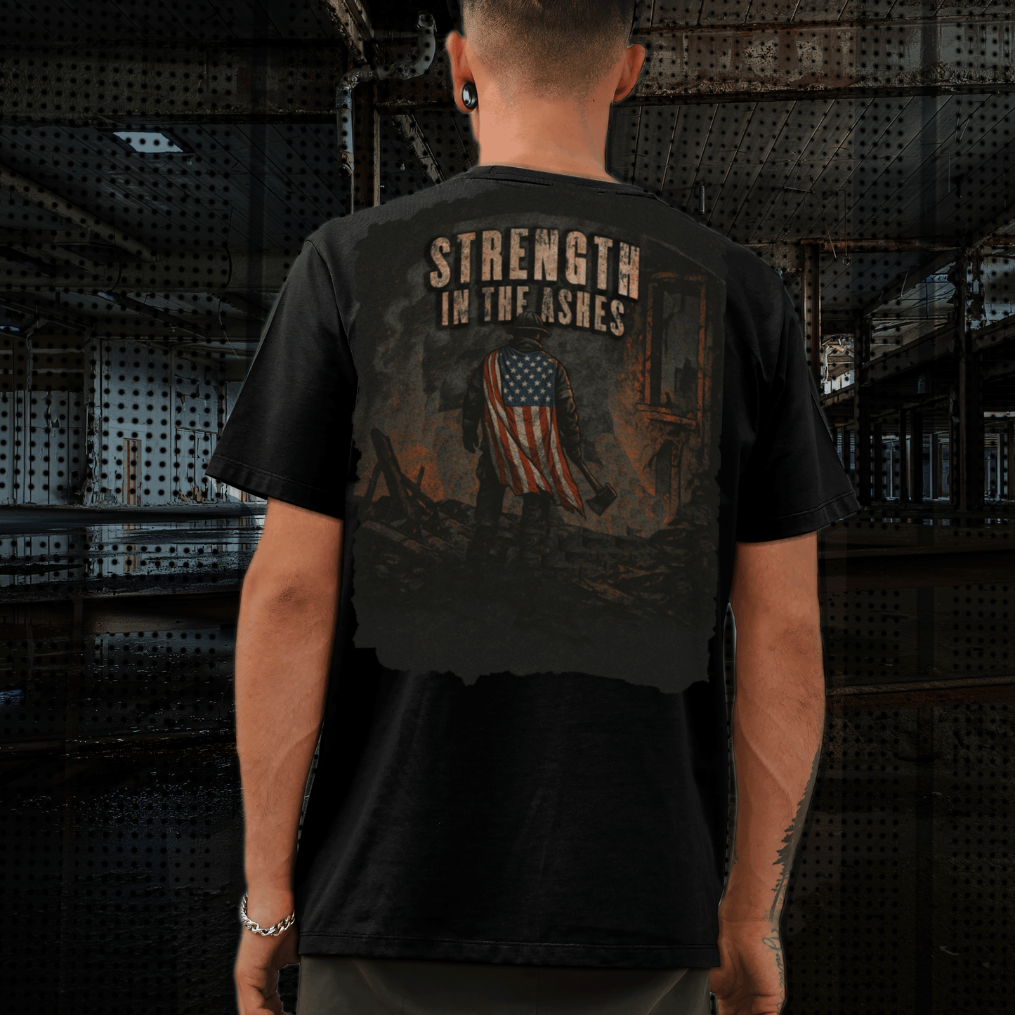 Strength in the Ashes firefighter shirt with distressed American flag design