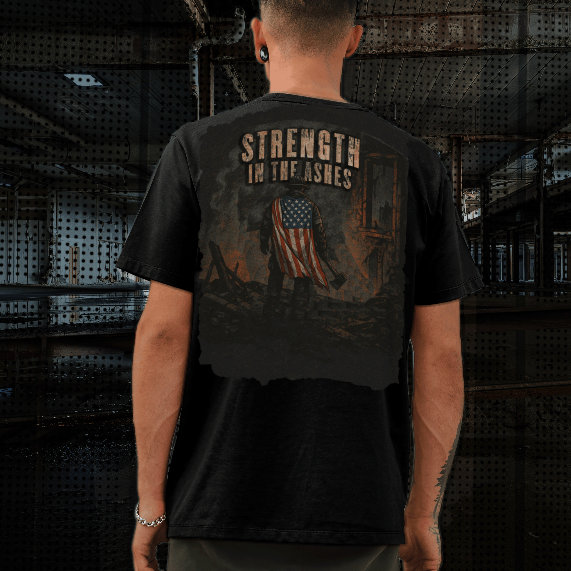 Strength in the Ashes firefighter shirt with distressed American flag design