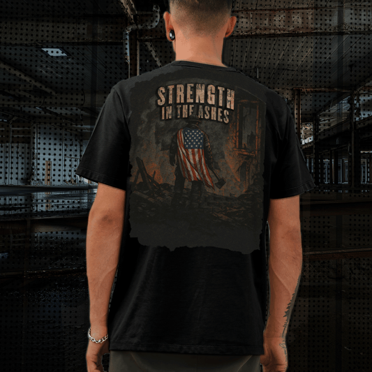 Strength in the Ashes firefighter shirt with distressed American flag design