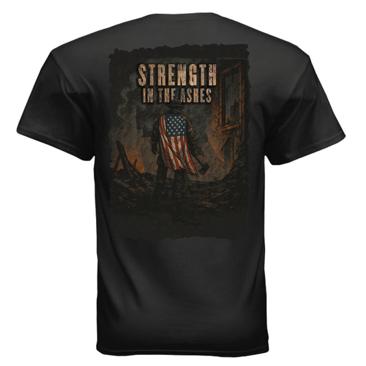 Gritty firefighter shirt featuring American flag graphic symbolizing resilience