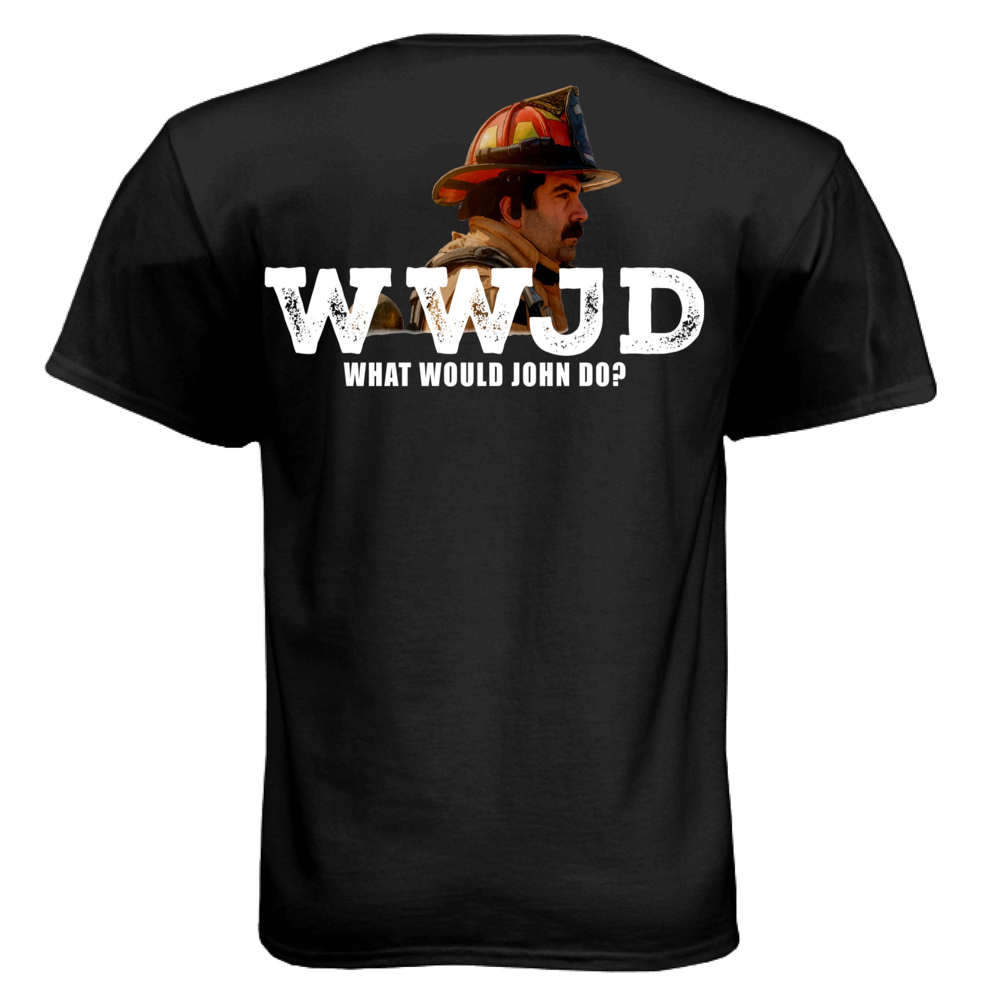 Close up of WWJD firefighter shirt design with distressed text