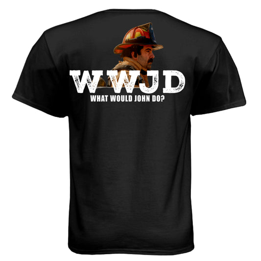 Close up of WWJD firefighter shirt design with distressed text