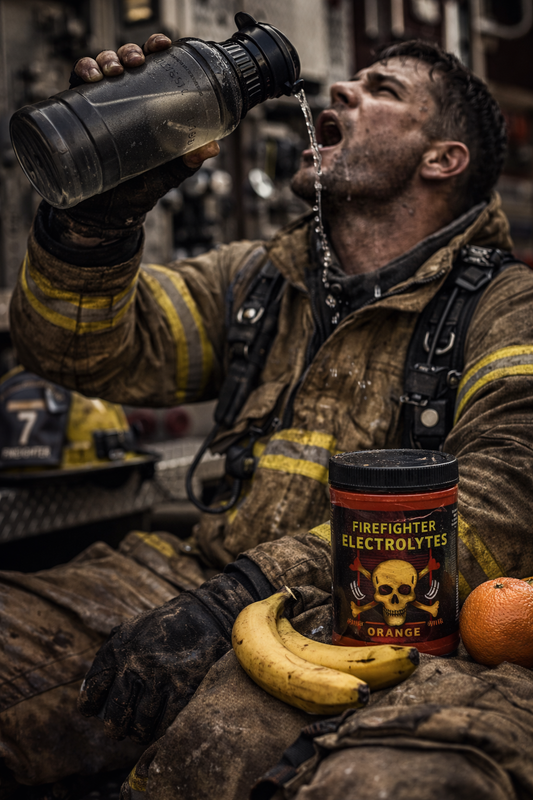 Firefighter hydrating with water bottle, surrounded by bananas and electrolyte powder, focusing on Personal Health.