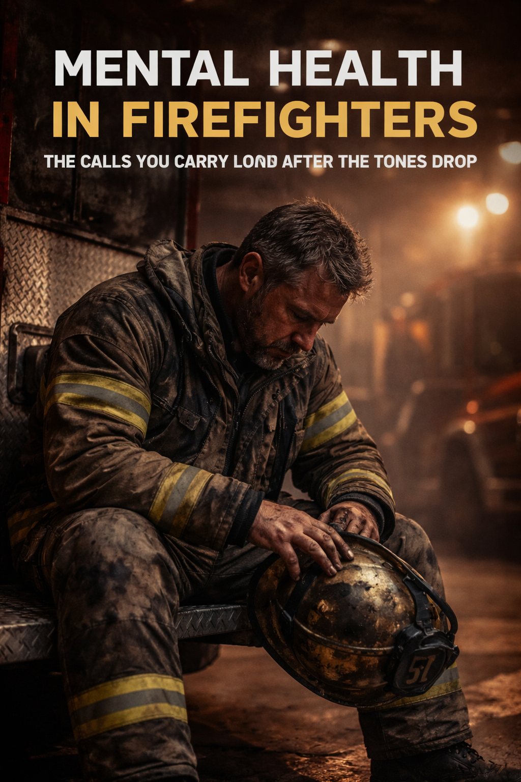 Mental Health in First Responders article cover featuring a firefighter reflecting on his experiences.