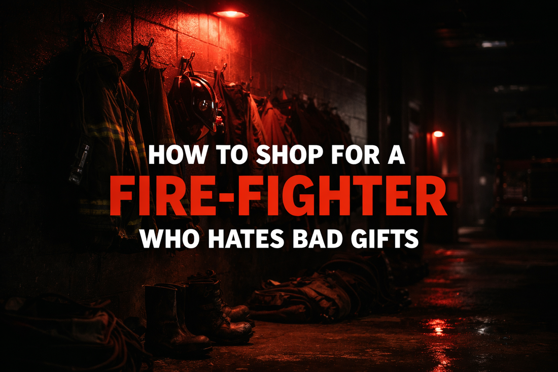 Dark firehouse gear room with turnout coats and boots under red emergency lighting — How to Shop for a Firefighter Who Hates Bad Gifts — Septic & Salty Supply Co.