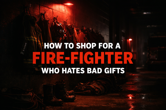 Dark firehouse gear room with turnout coats and boots under red emergency lighting — How to Shop for a Firefighter Who Hates Bad Gifts — Septic & Salty Supply Co.