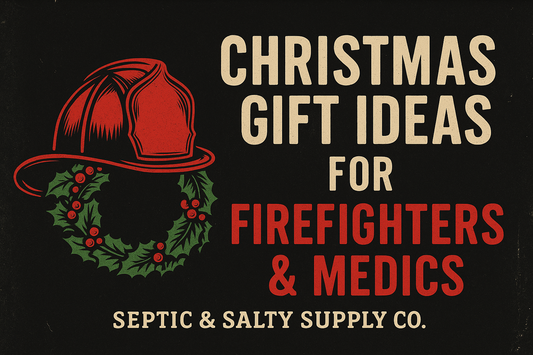 Gritty Christmas-themed firefighter gift ad featuring a red firefighter helmet decorated with holly, bold vintage text reading “Christmas Gift Ideas for Firefighters & Medics,” and the Septic & Salty Supply Co. logo on a dark, textured background.