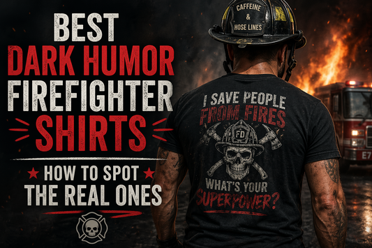Firefighter wearing a dark humor tee with skull graphic and text "I Save People From Fires – What's Your Superpower?" beside bold red and white text reading "Best Dark Humor Firefighter Shirts – How to Spot the Real Ones"