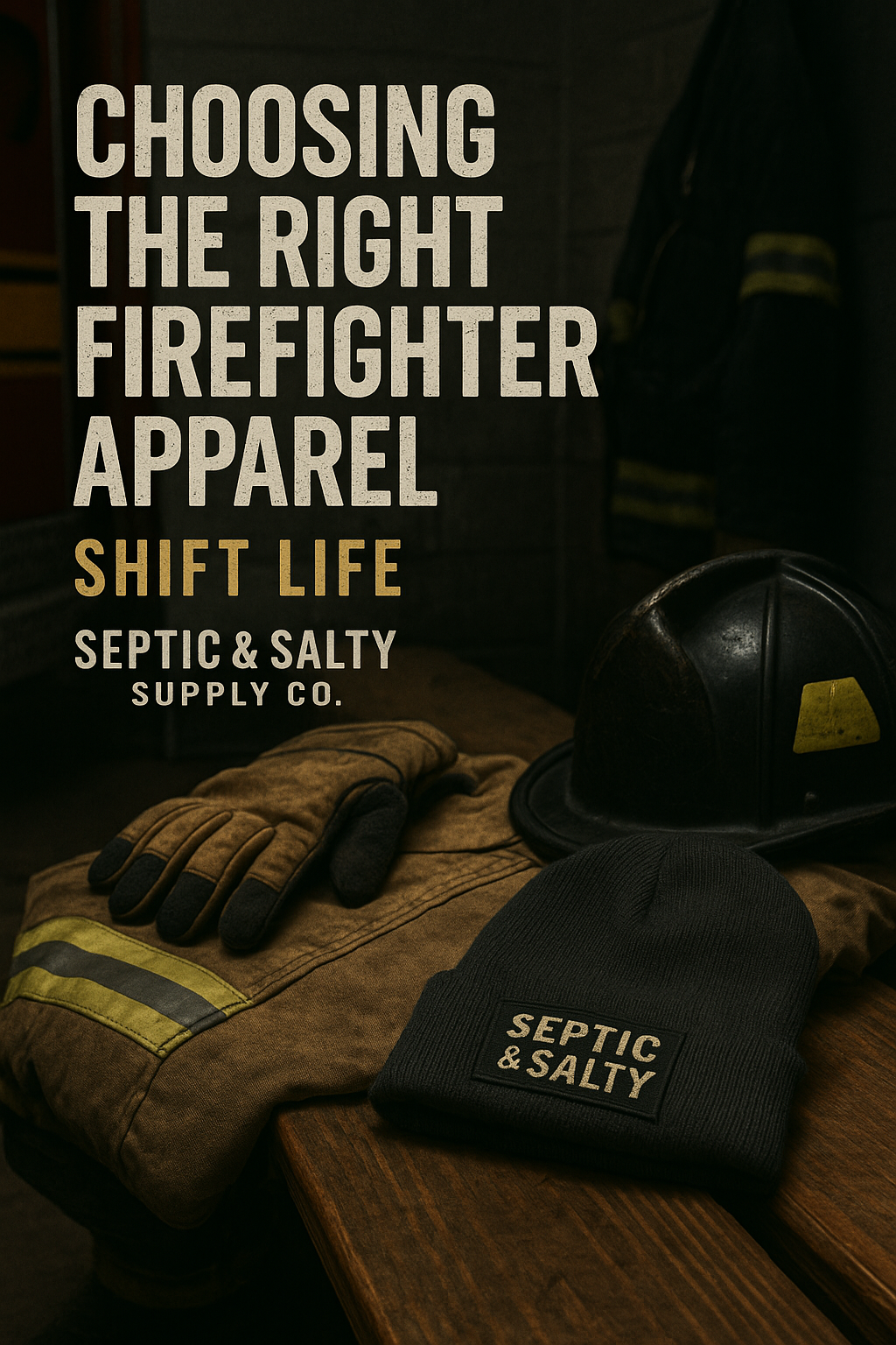 Close-up of rugged firefighter apparel laid out on a firehouse bench, including a beanie, gloves, and a worn helmet, with a gritty background representing shift life and durability.