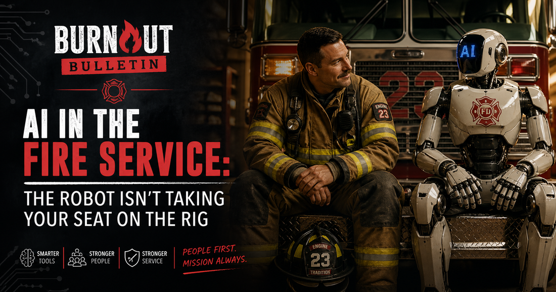 A firefighter and an AI robot sit side by side in front of a fire engine — cover image for The Burnout Bulletin post on AI in the fire service.