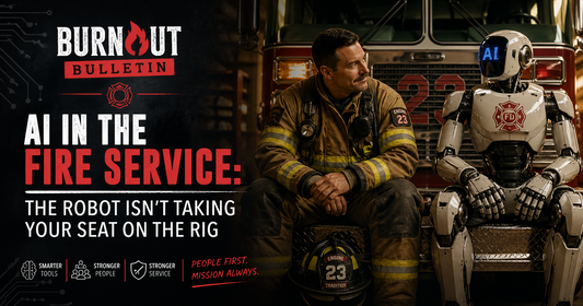 A firefighter and an AI robot sit side by side in front of a fire engine — cover image for The Burnout Bulletin post on AI in the fire service.