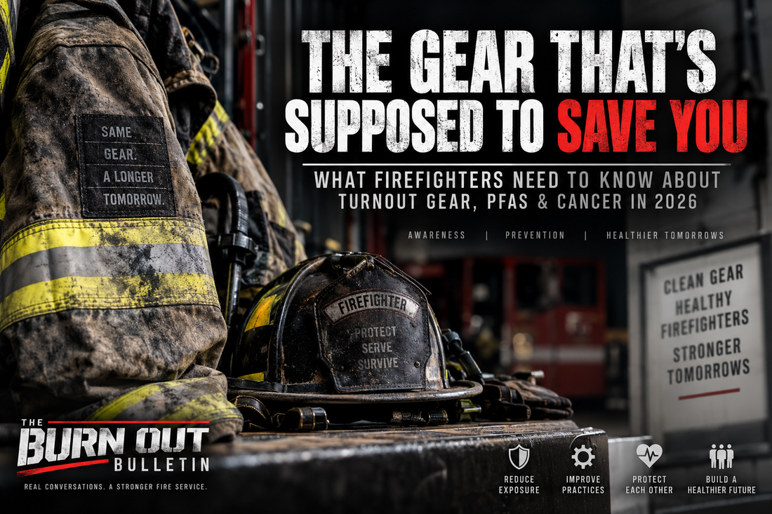 Soot-covered firefighter turnout gear and helmet in a fire station promoting awareness of PFAS, cancer risk, decontamination, and firefighter health.