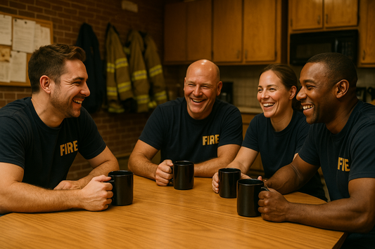 Firefighters sitting around a firehouse kitchen table, smiling and drinking coffee together, representing the camaraderie and culture of the fire service.
