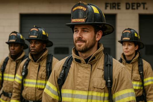 Firefighters standing together in front of a fire station, representing humility and teamwork in the fire service.