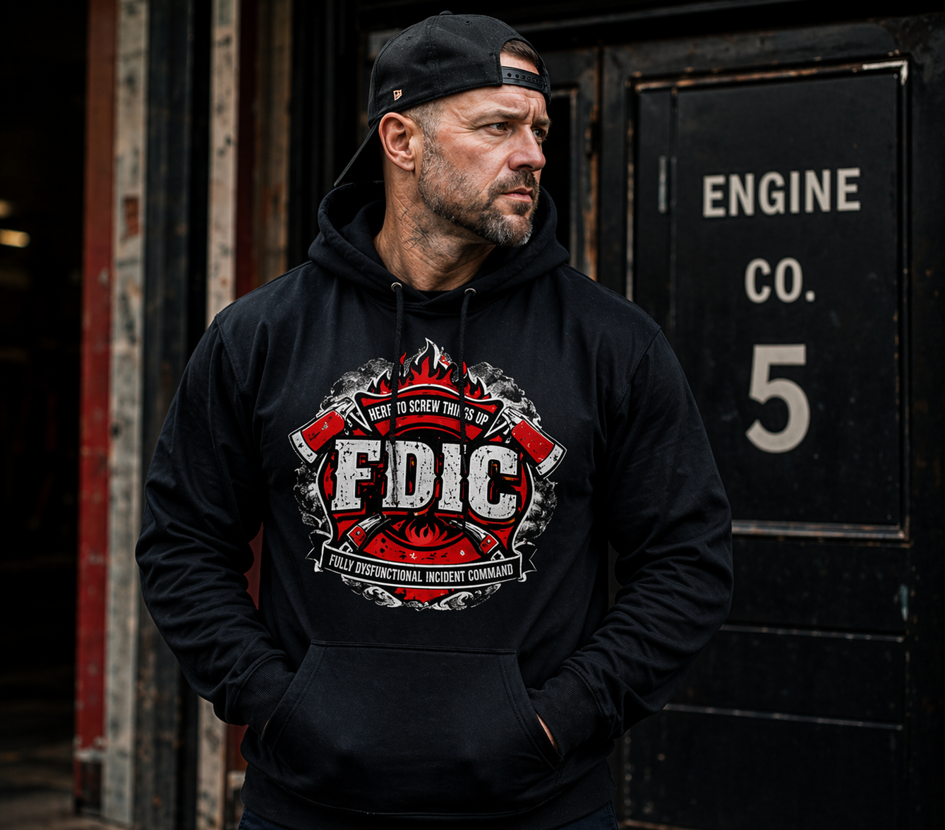 Man wearing a black hoodie with 'FDIC' logo in front of a building with 'Engine Co. 5' sign.